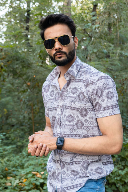 Grey Color Popcorn Moroccan Printed Shirt For Men - Punekar Cotton