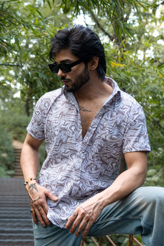 Grey White Color Popcorn Printed Shirt For Men - Punekar Cotton