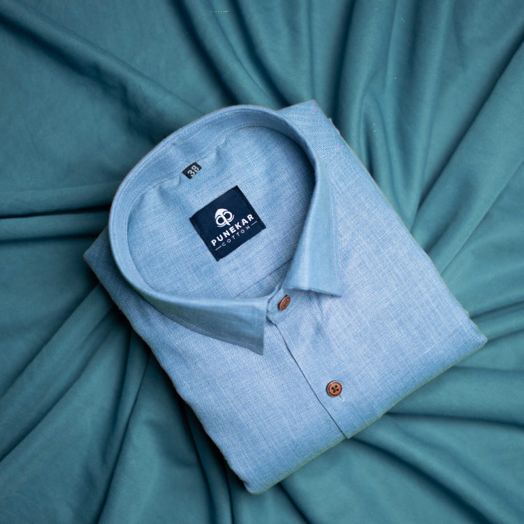 Light Blue Color Blended Linen Shirt For Men's - Punekar Cotton