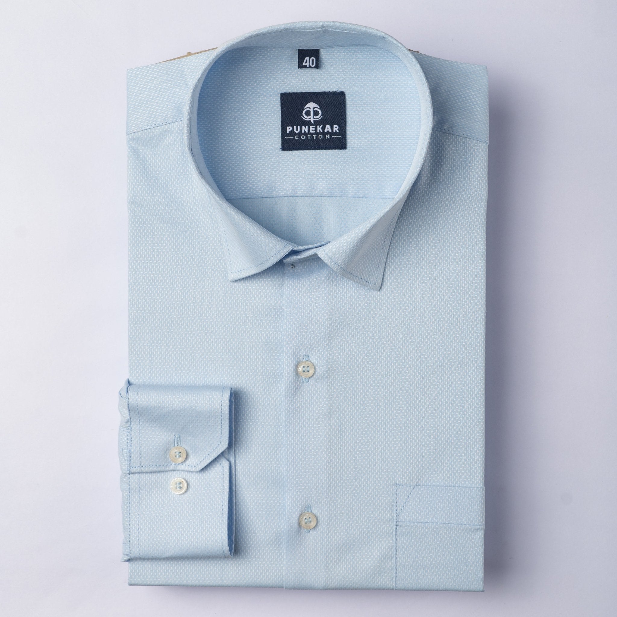 Light Blue Color Dotted Dobby Cotton Shirt For Men - Punekar Cotton