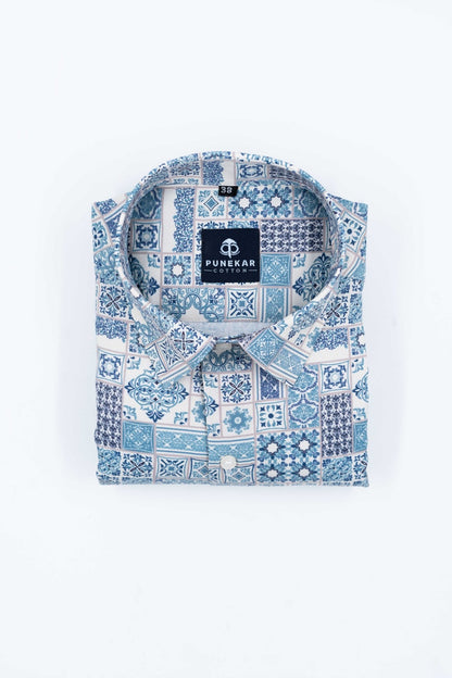 Light Blue Color Morrocan Printed Shirt For Men - Punekar Cotton