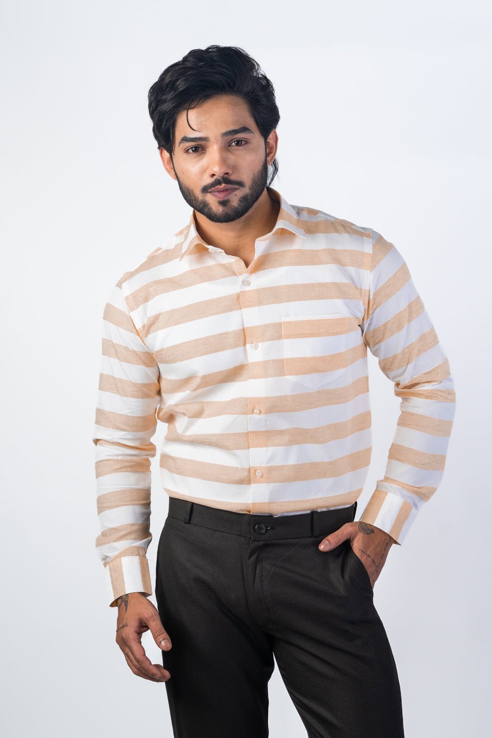 Light Tan Color Cotton Stripe Shirt For Men - Punekar Cotton