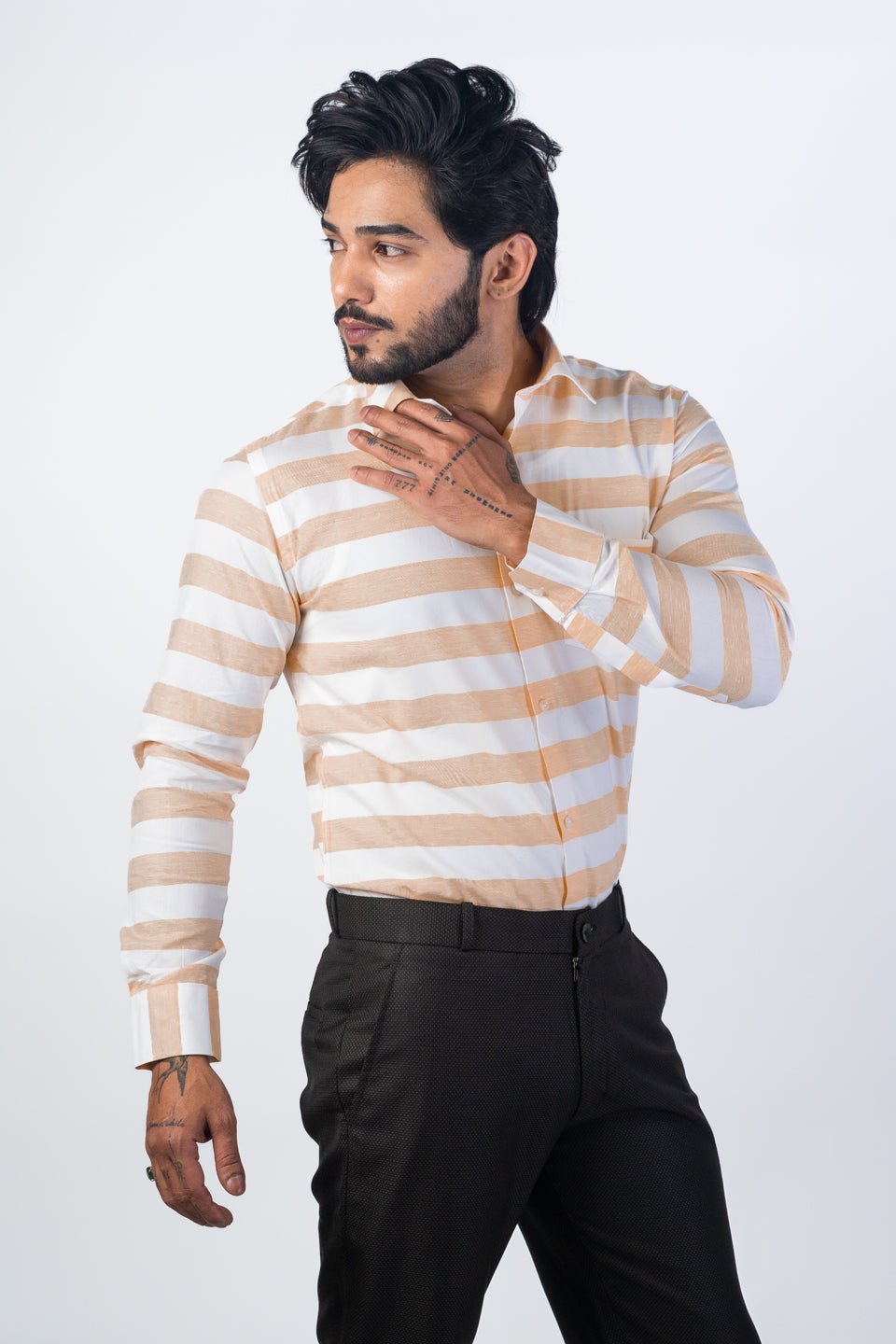 Light Tan Color Cotton Stripe Shirt For Men - Punekar Cotton