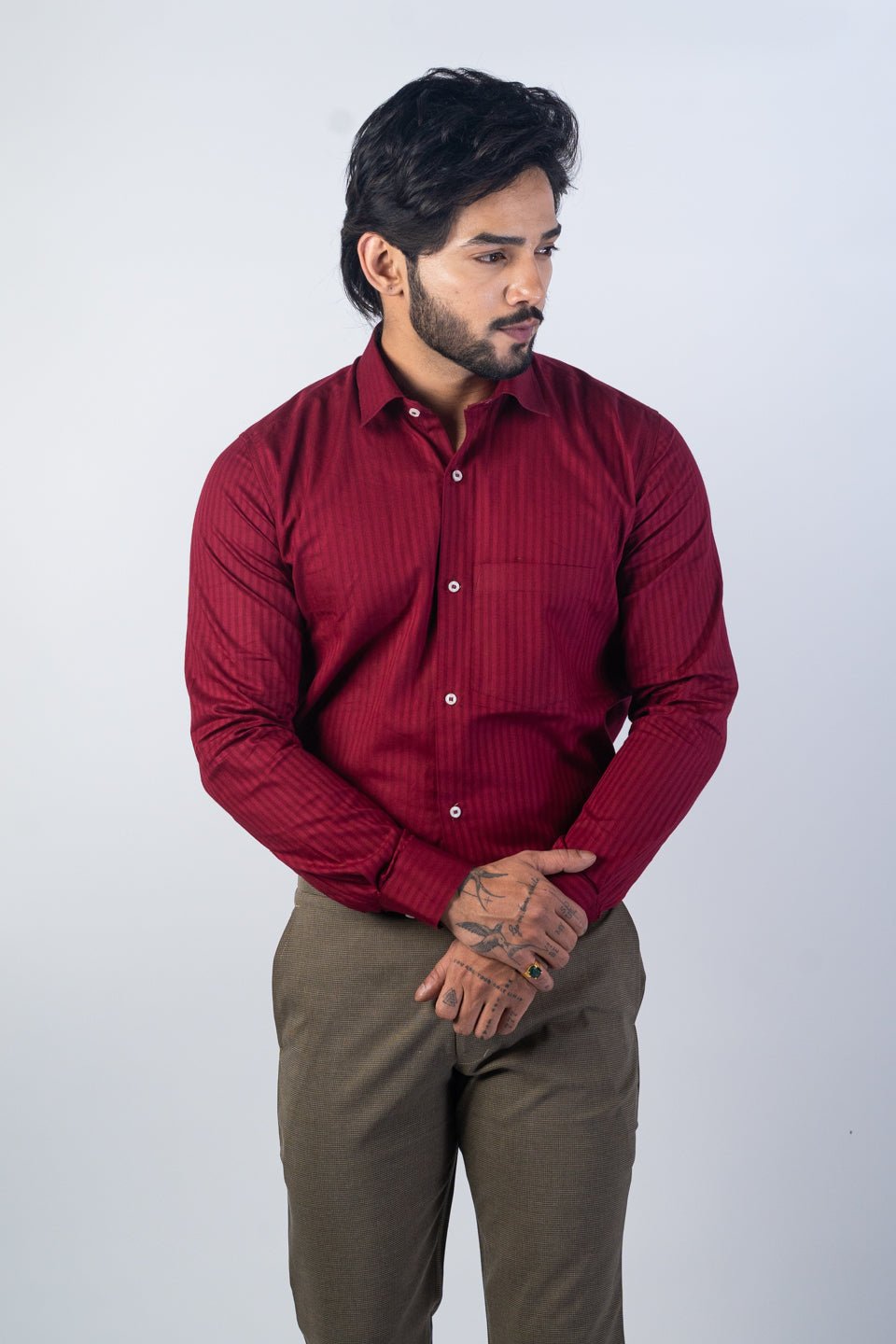 Maroon Color vertical Cotton stripe Shirt For Men - Punekar Cotton