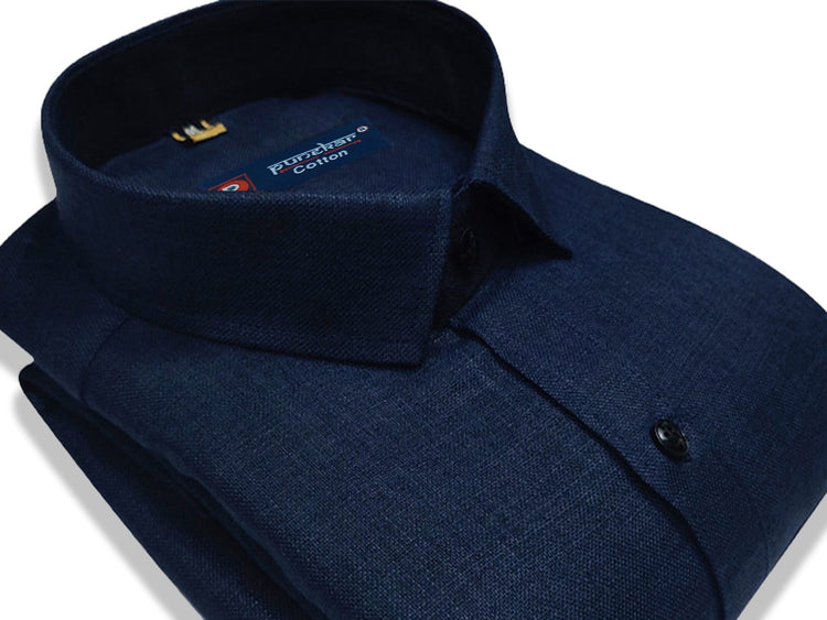 Navy Blue Color Blended Linen Shirt For Men's - Punekar Cotton