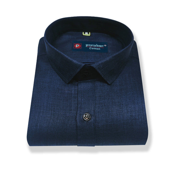Navy Blue Color Blended Linen Shirt For Men's - Punekar Cotton