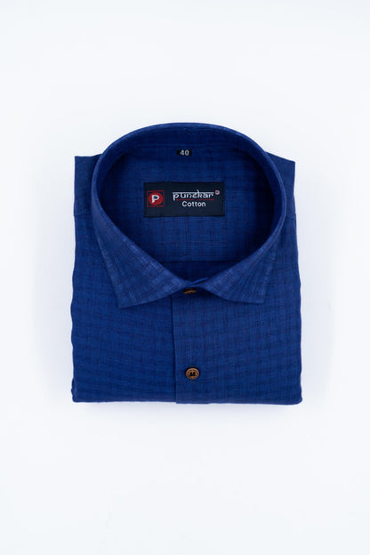 Navy Blue Color Cotton Self Woven Checks Handmade Shirts For Men&