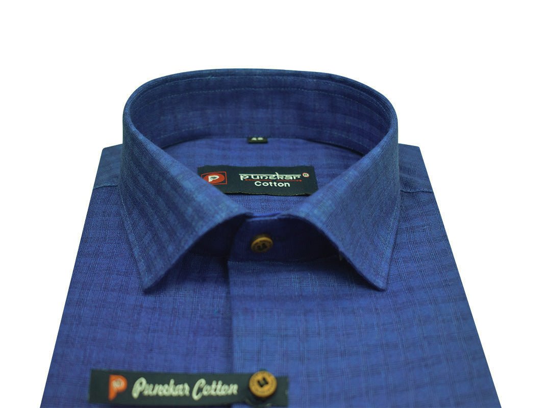 Navy Blue Color Cotton Self Woven Checks Handmade Shirts For Men&