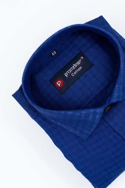 Navy Blue Color Cotton Self Woven Checks Handmade Shirts For Men&