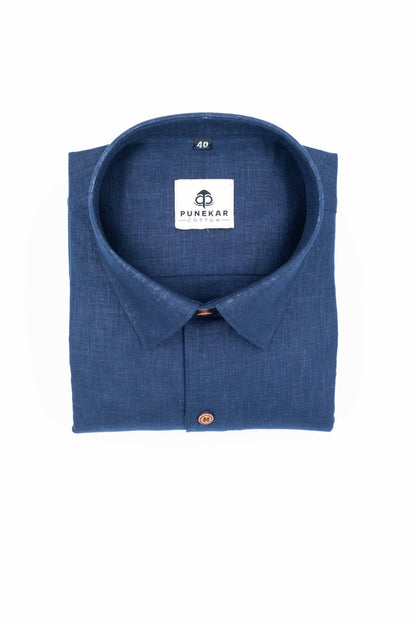 Navy Blue Color Linen Formal Shirts For Men - Punekar Cotton