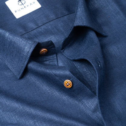 Navy Blue Color Linen Formal Shirts For Men - Punekar Cotton