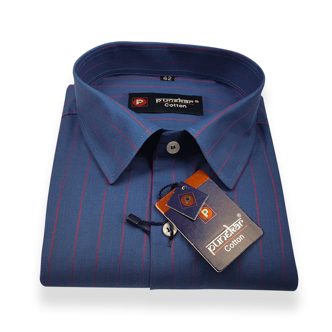 Navy Blue Color Lining Pure Cotton Shirt For Men - Punekar Cotton