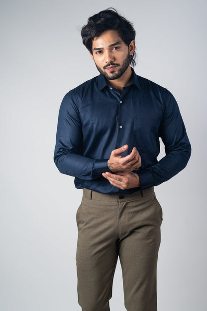 Navy Blue Color Micro Checks Texture Satin Cotton Shirt For Men - Punekar Cotton