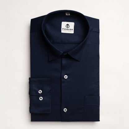 Navy Blue Color Micro Checks Texture Satin Cotton Shirt For Men - Punekar Cotton