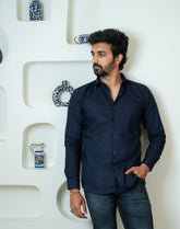 Navy Blue Color Twitter Lining Blende Cotton Shirts For Men - Punekar Cotton