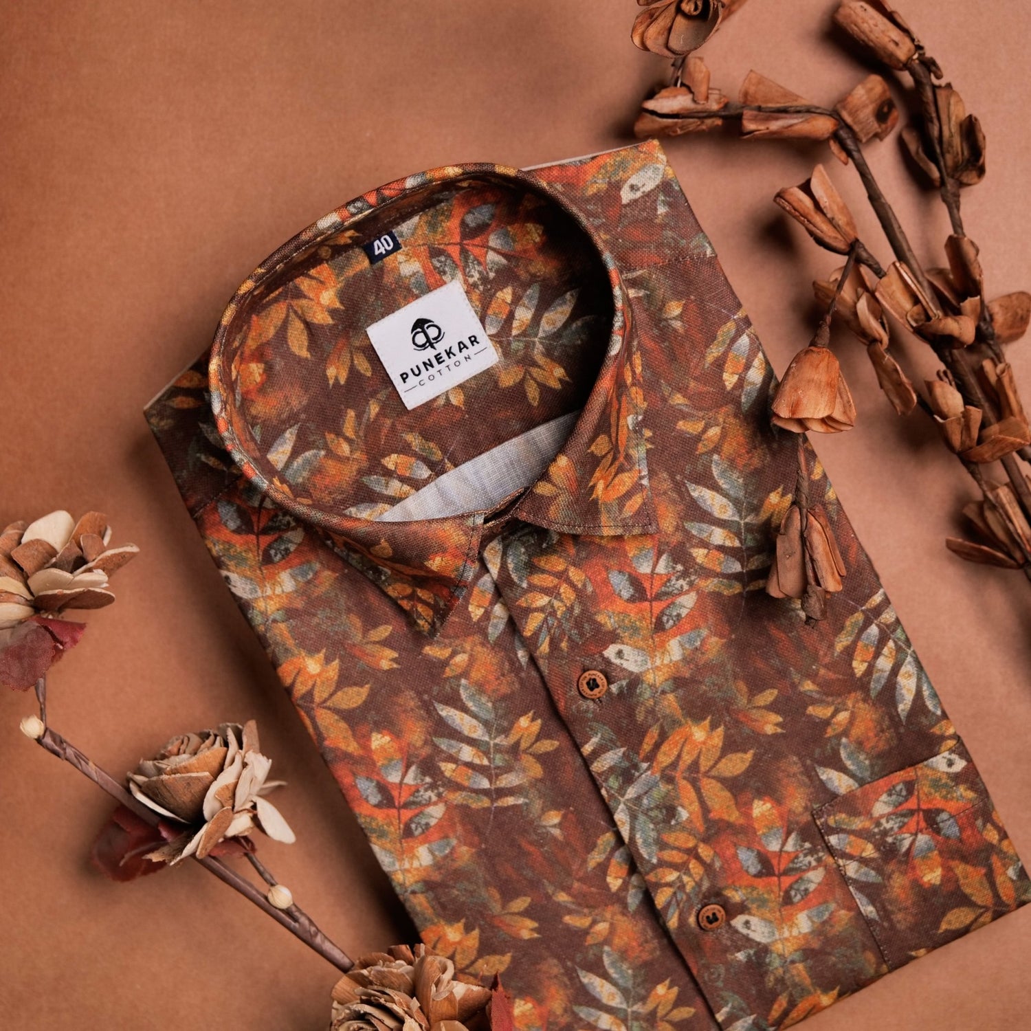 Orange Brown Color Leaf Printed Shirt For Men - Punekar Cotton