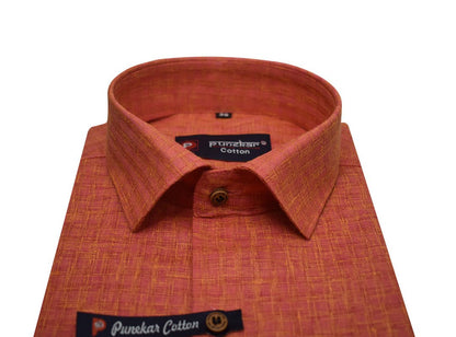 Orange Color Cotton Self Woven Checks Handmade Shirts For Men&