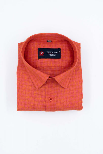 Orange Color Cotton Self Woven Checks Handmade Shirts For Men&