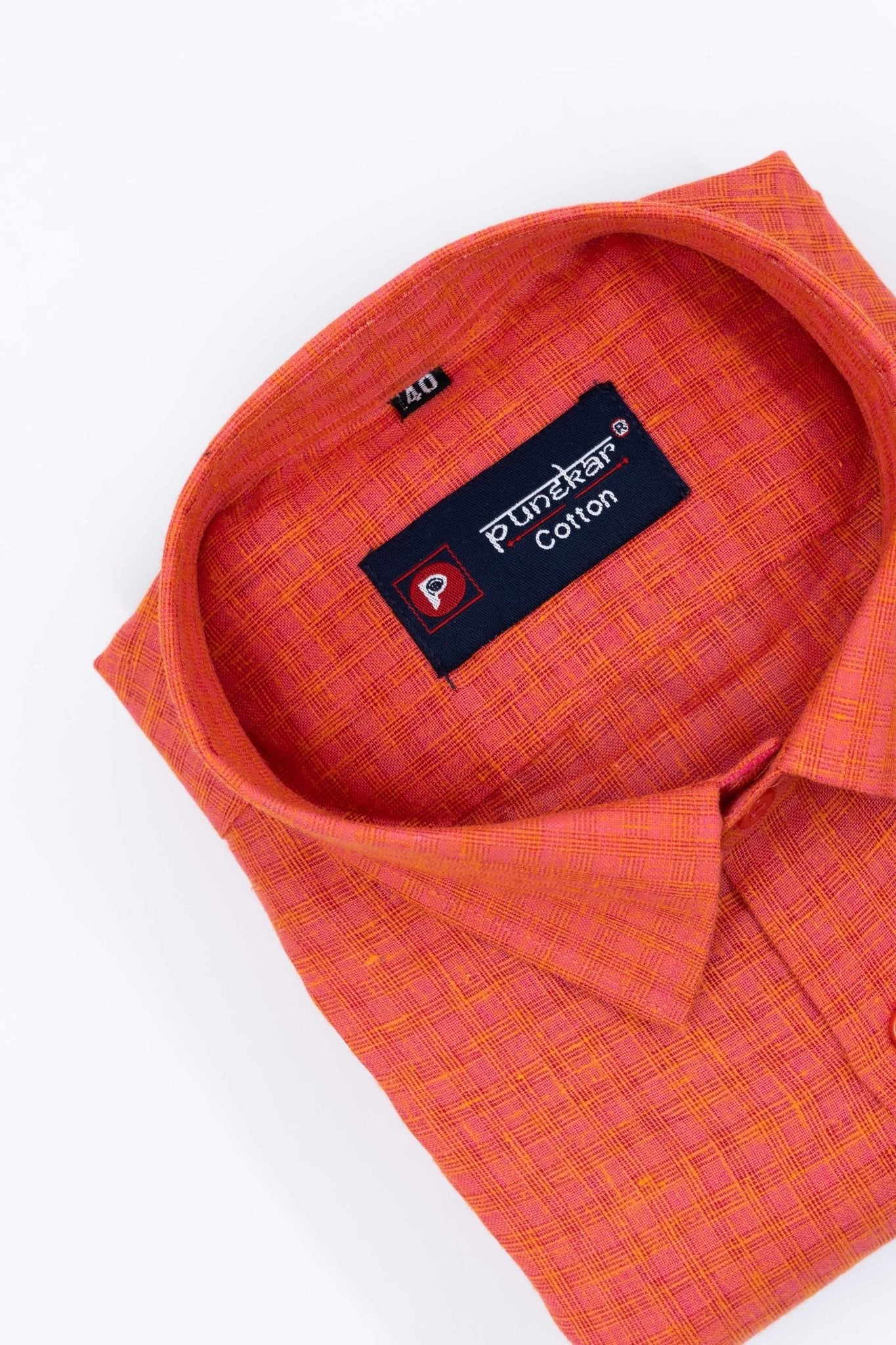 Orange Color Cotton Self Woven Checks Handmade Shirts For Men&
