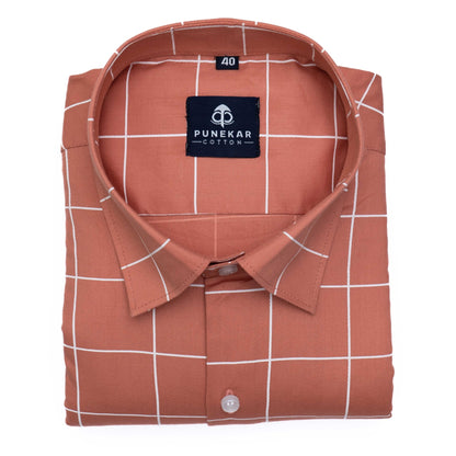 Orange Peach Color Big Checks Cotton Shirts For Men - Punekar Cotton