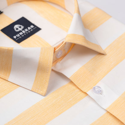 Peach Orange Color Cotton Stripe Shirt For Men - Punekar Cotton