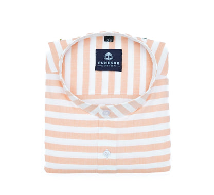 Peach Orange Color Stand Collar Strips Shirts For Men - Punekar Cotton