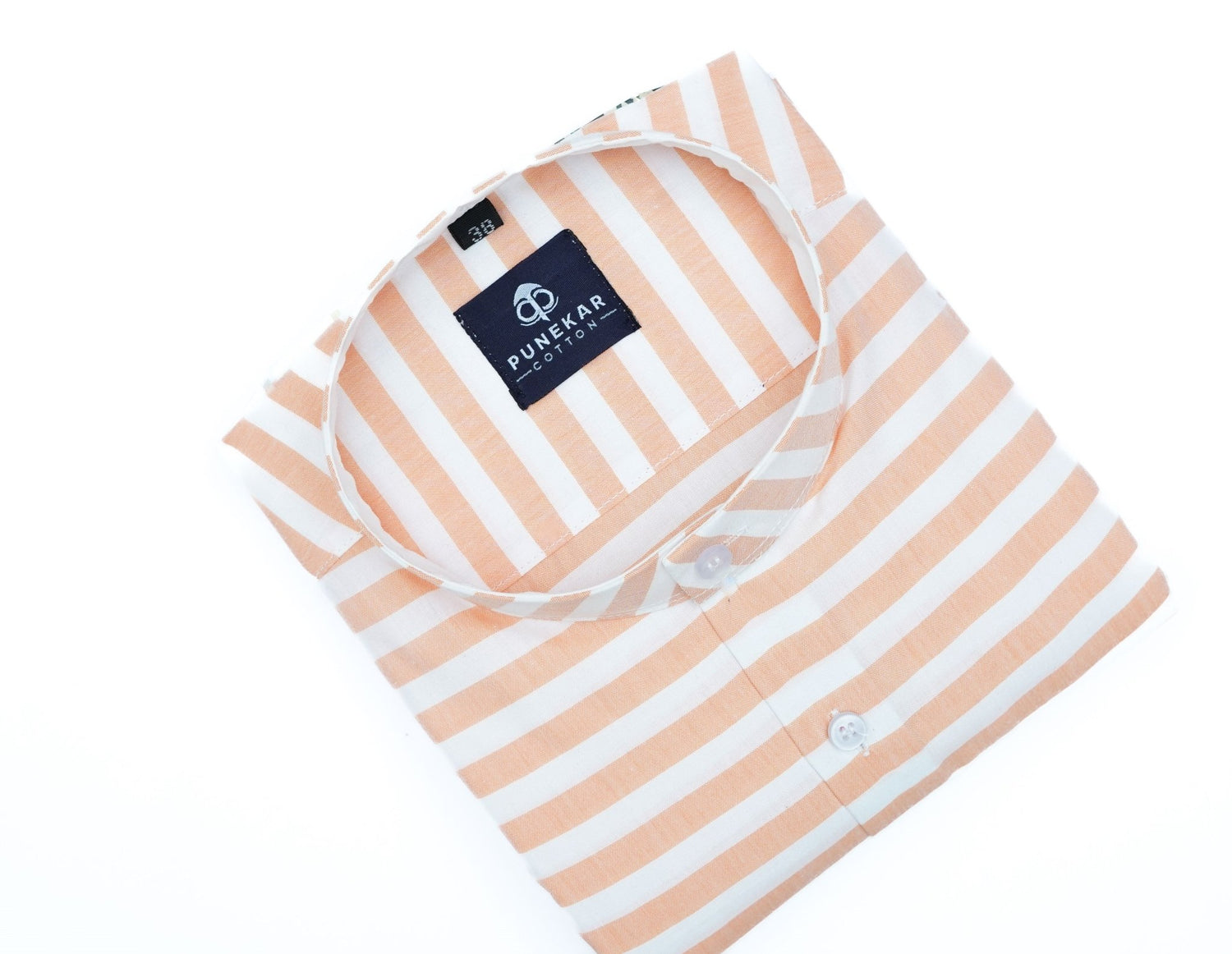 Peach Orange Color Stand Collar Strips Shirts For Men - Punekar Cotton