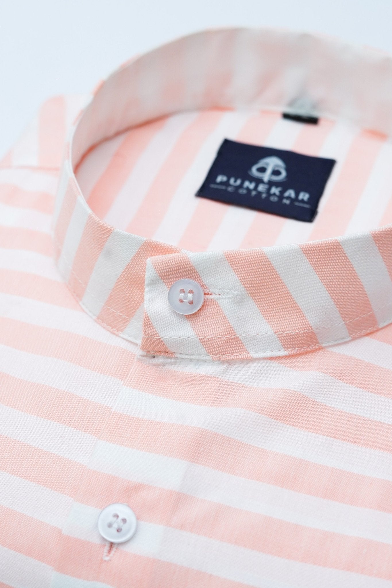 Peach Pink Color Stand Collar Strips Shirts For Men - Punekar Cotton