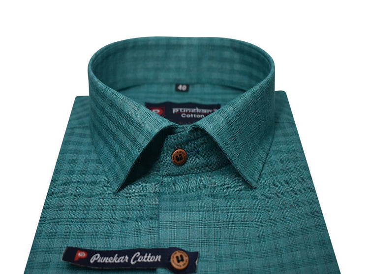 Peacock Color Cotton Self Woven Checks Handmade Shirts For Men's - Punekar Cotton