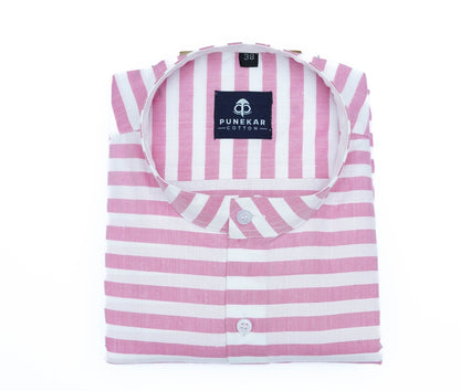 Pink Color Stand Collar Strips Shirts For Men - Punekar Cotton