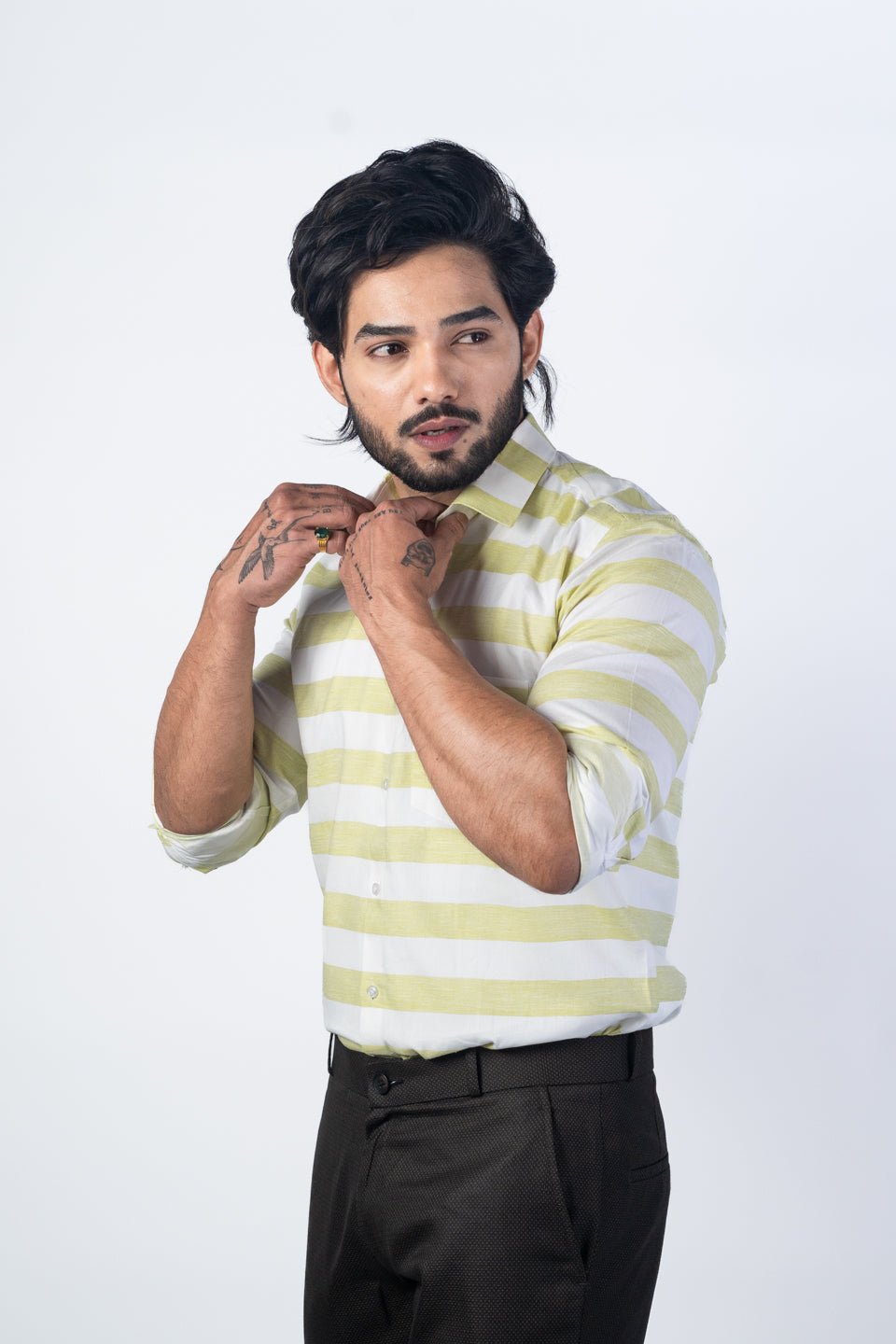 Pista Green Color Cotton Stripe Shirt For Men - Punekar Cotton