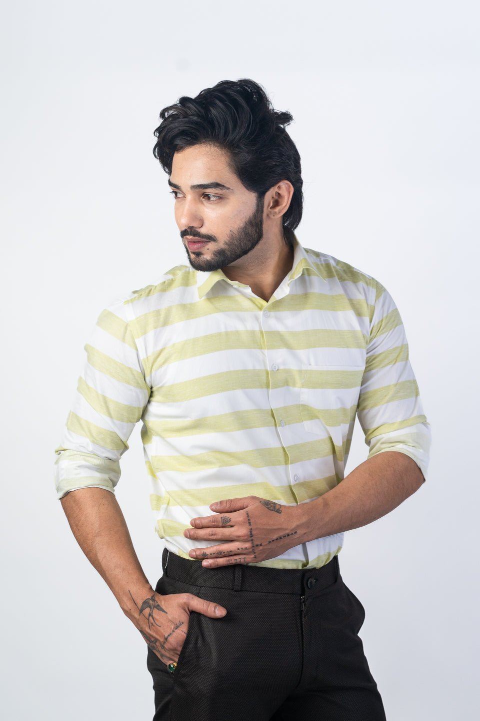 Pista Green Color Cotton Stripe Shirt For Men - Punekar Cotton