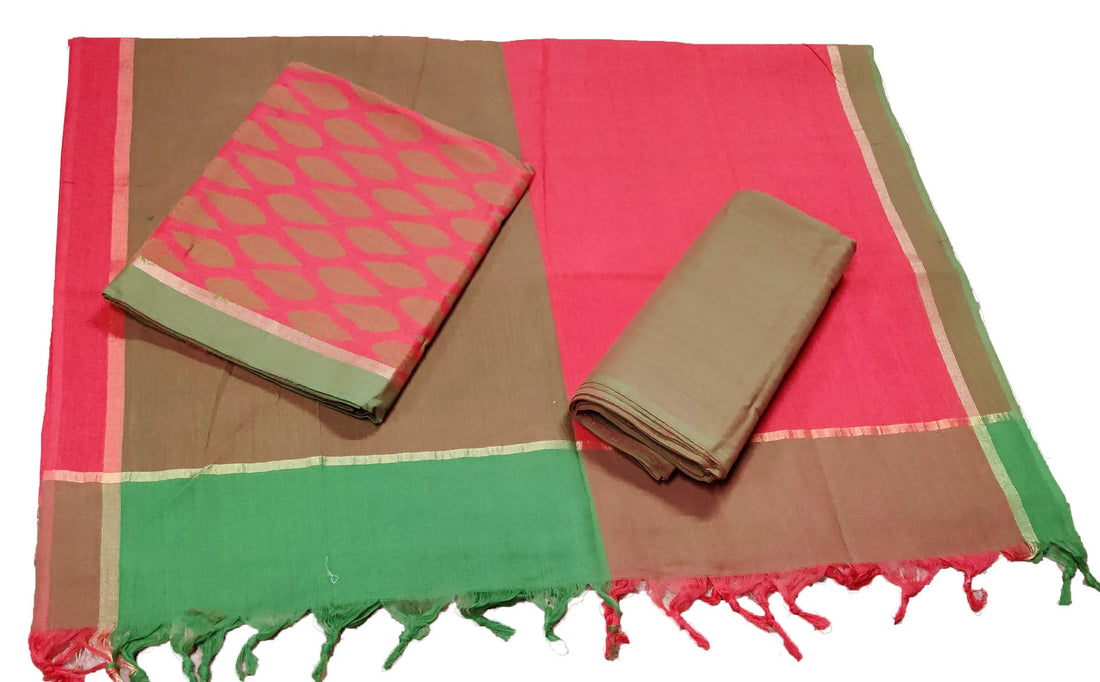 Punekar Cotton 100% Handloom Brown &amp; Pink Color Women Dress Unstitched Fabric - Punekar Cotton