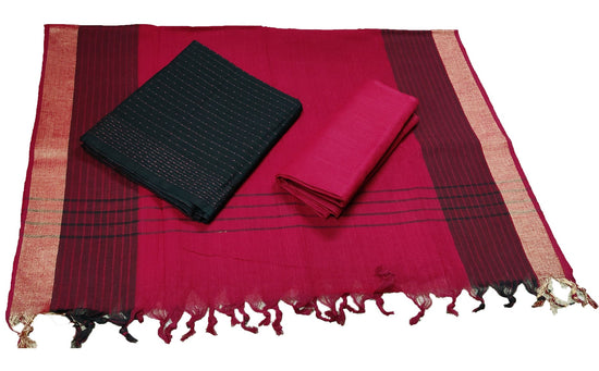 Punekar Cotton 100% Handloom Cotton Black & Red Color Women Dress Unstitched Fabric - Punekar Cotton
