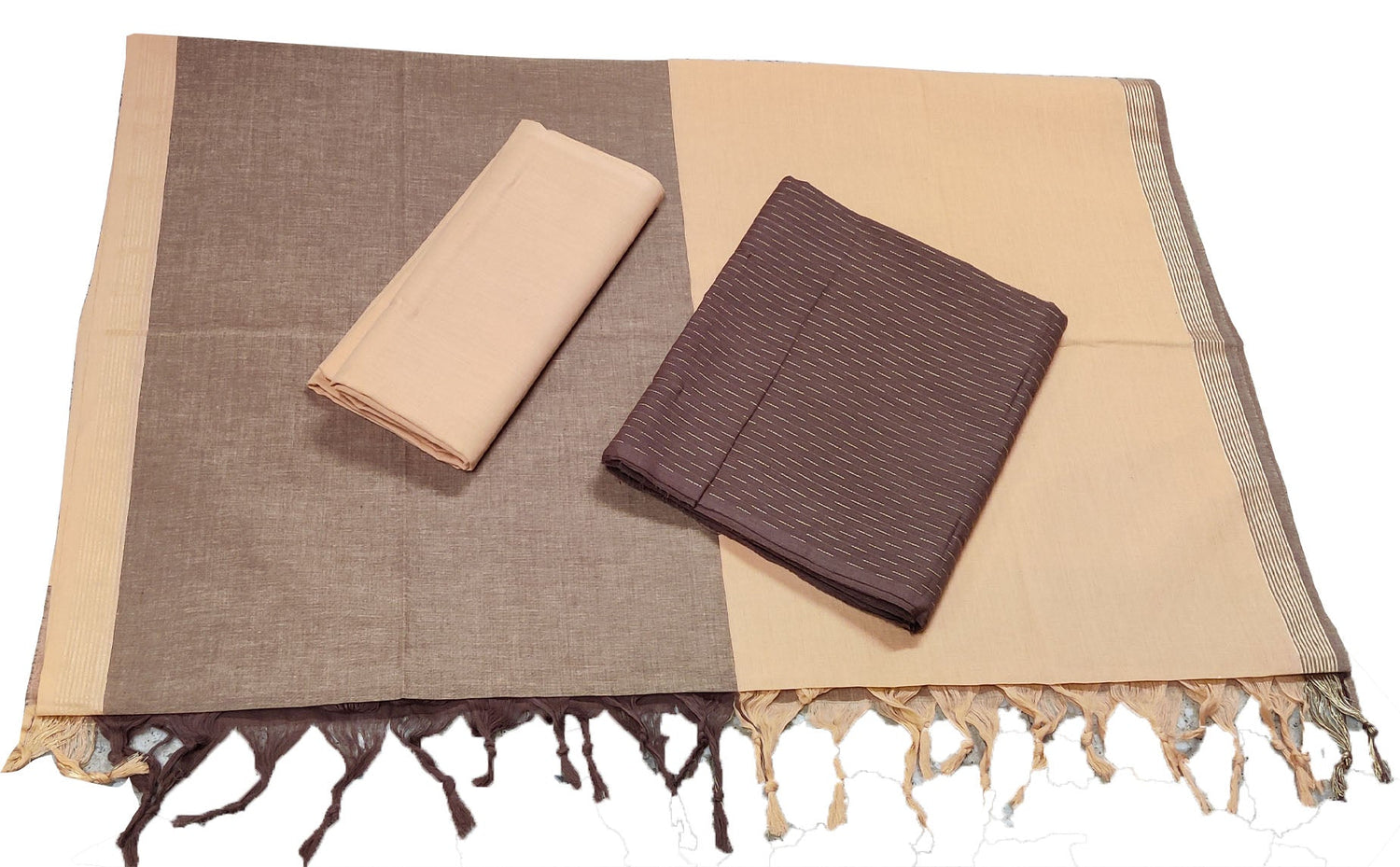 Punekar Cotton 100% Handloom Cotton Brown & Cream Color Women Dress Unstitched Fabric - Punekar Cotton