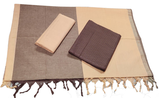 Punekar Cotton 100% Handloom Cotton Brown & Cream Color Women Dress Unstitched Fabric - Punekar Cotton