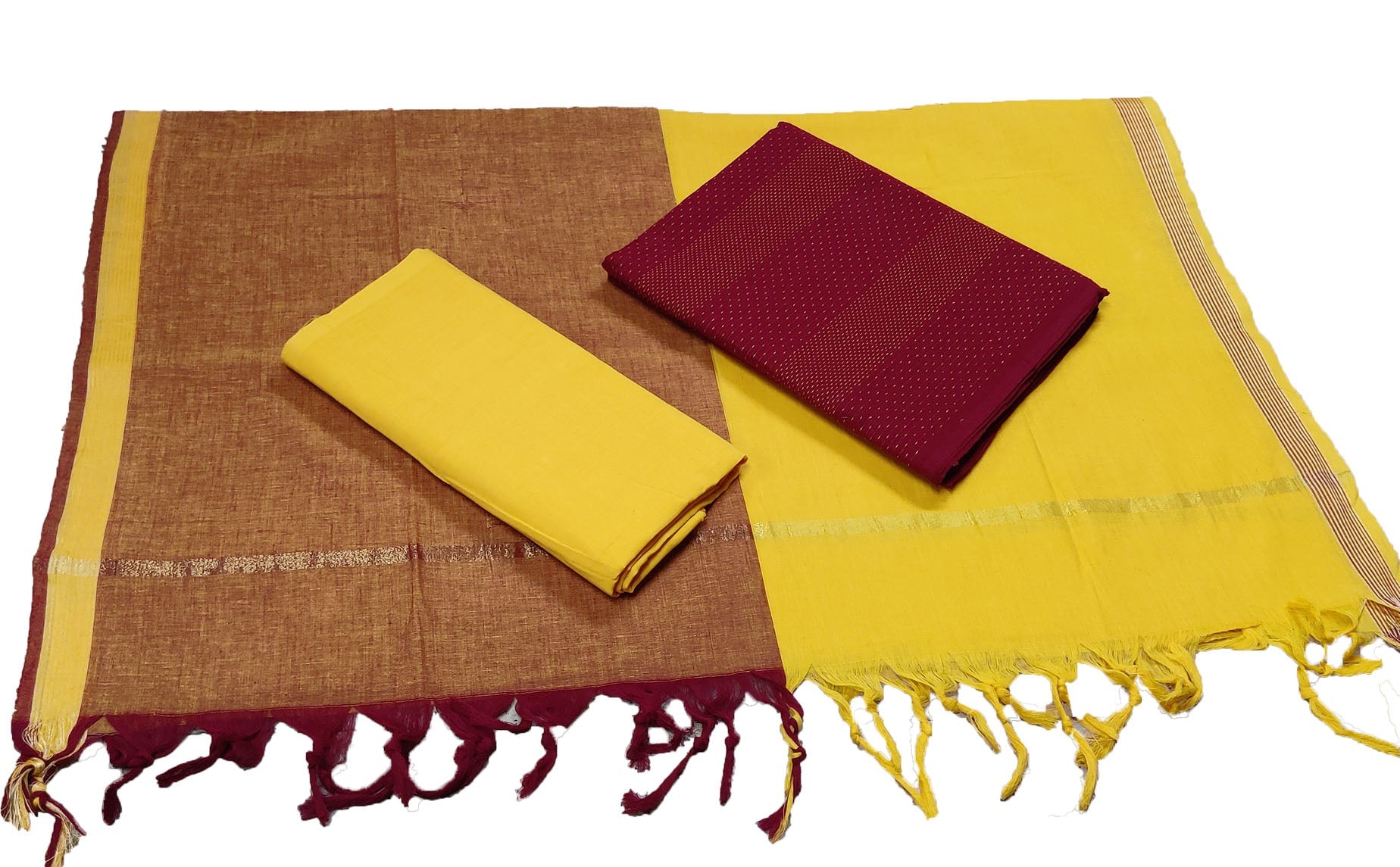 Punekar Cotton 100% Handloom Cotton Brown &amp; Yellow Color Women Dress Unstitched Fabric - Punekar Cotton
