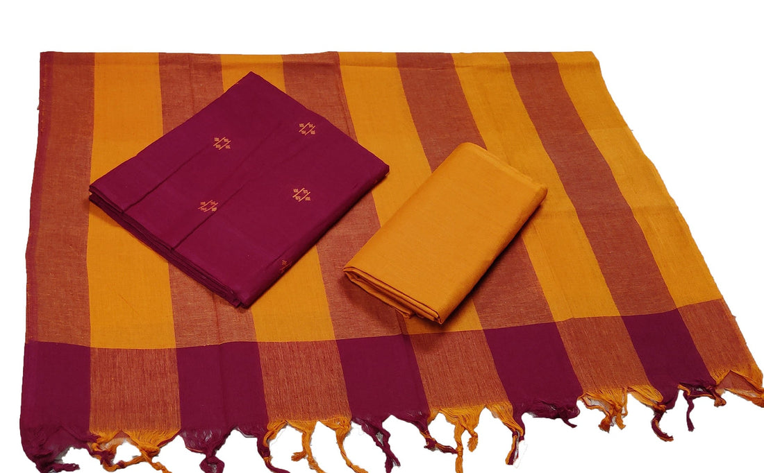 Punekar Cotton 100% Handloom Cotton Brown &amp; Yellow Color Women Dress Unstitched Fabric - Punekar Cotton