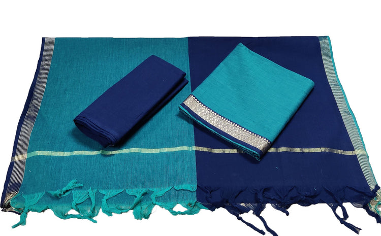 Punekar Cotton 100% Handloom Cotton Navy Blue Color Women Dress Unstitched Fabric - Punekar Cotton