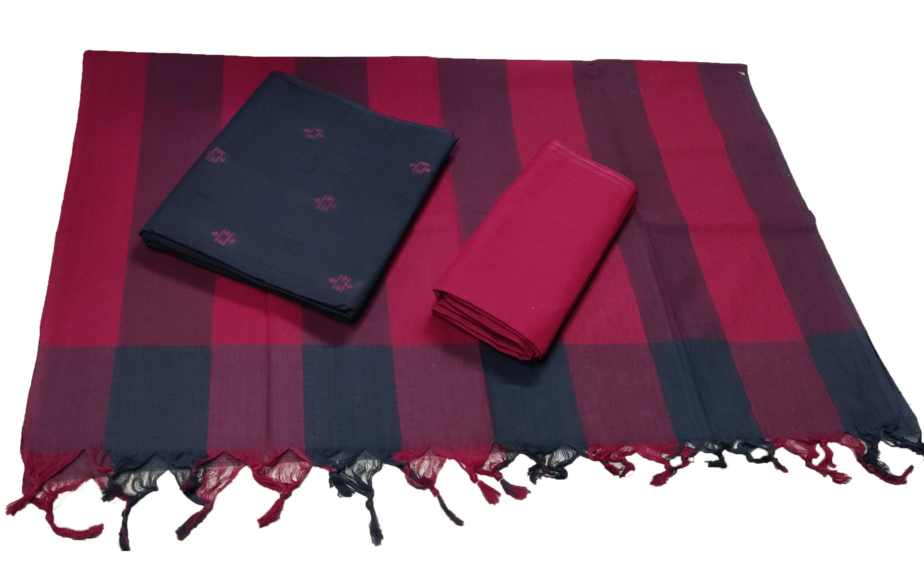 Punekar Cotton 100% Handloom Cotton Red &amp; Black Color Women Dress Unstitched Fabric - Punekar Cotton