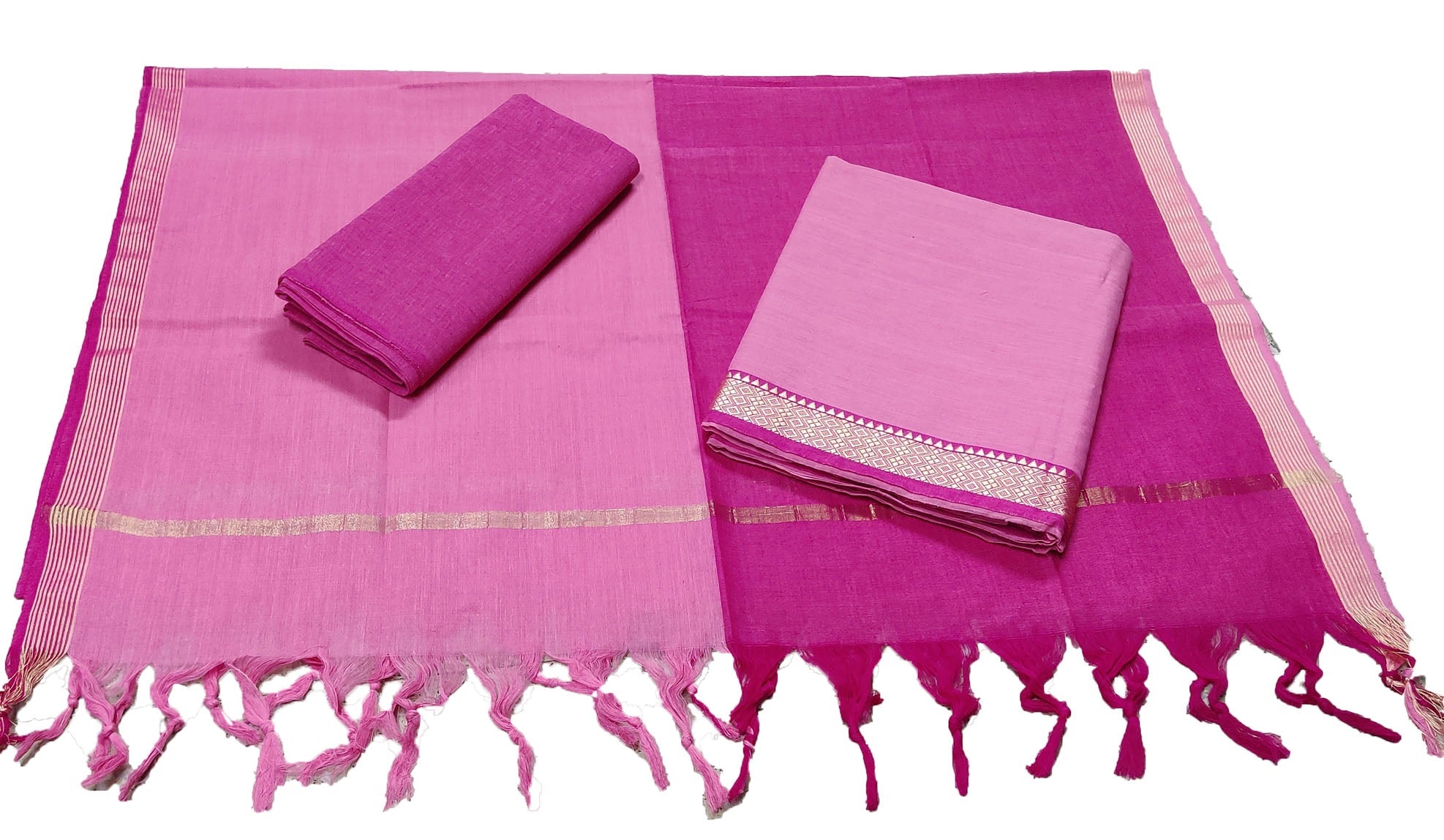 Punekar Cotton 100% Handloom Cotton Rose Pink &amp; Pink Color Women Dress Unstitched Fabric - Punekar Cotton