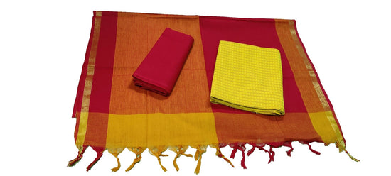 Punekar Cotton 100% Handloom Cotton Yellow & Red Color Women Dress Unstitched Fabric - Punekar Cotton