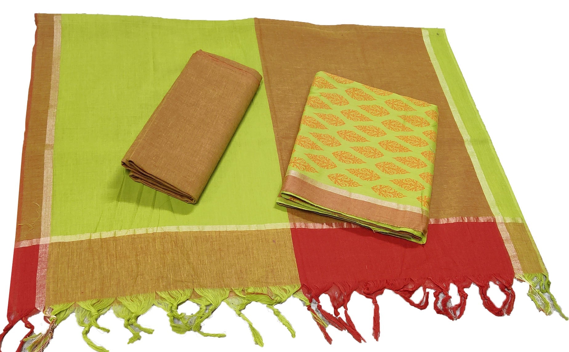 Punekar Cotton 100% Handloom Green &amp; Multi Color Women Dress Unstitched Fabric - Punekar Cotton
