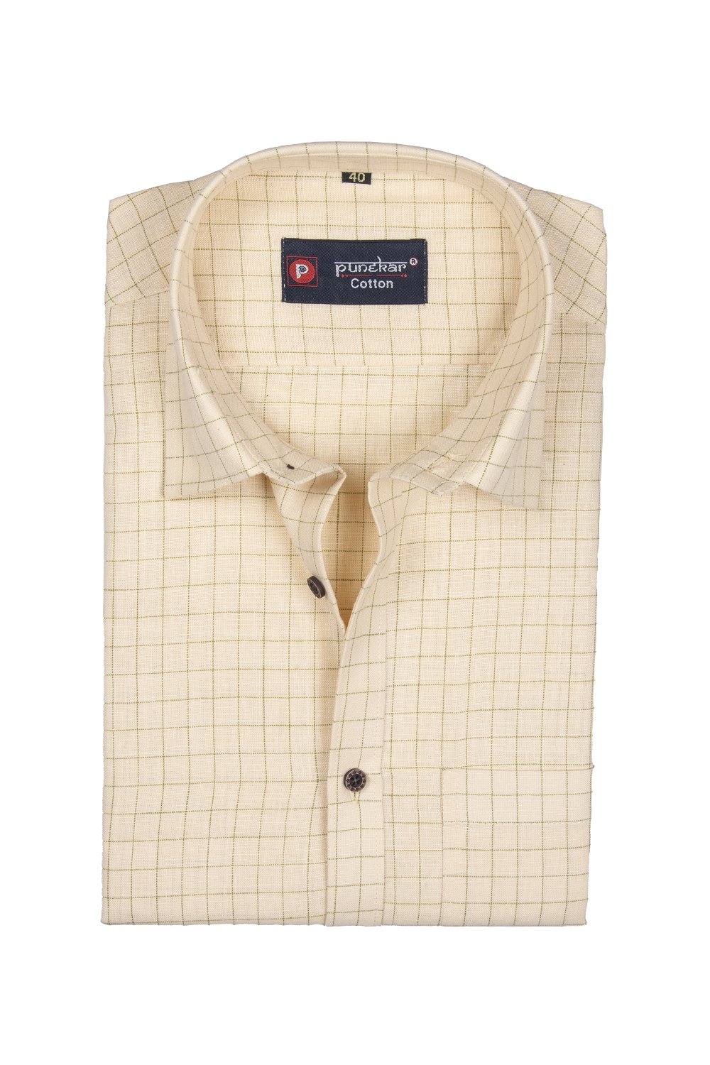 Punekar Cotton Cream Color Check Criss Cross Woven Cotton Shirt for Men's. - Punekar Cotton