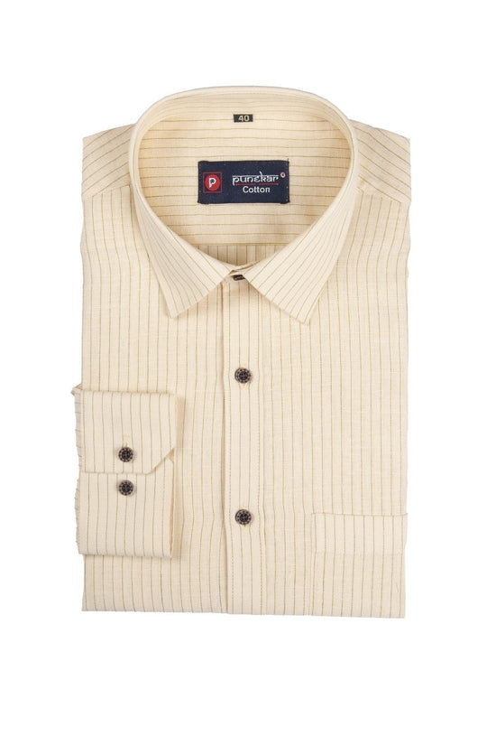 Punekar Cotton Cream Color Linning Criss Cross Woven Cotton Shirt for Men's. - Punekar Cotton