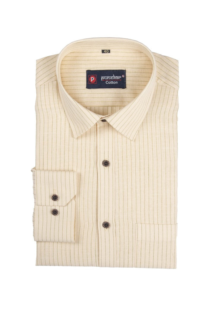 Punekar Cotton Cream Color Linning Criss Cross Woven Cotton Shirt for Men's. - Punekar Cotton