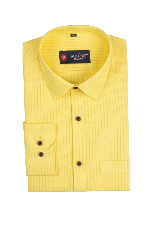 Punekar Cotton Dark Yellow Color Linning Criss Cross Woven Cotton Shirt for Men's. - Punekar Cotton