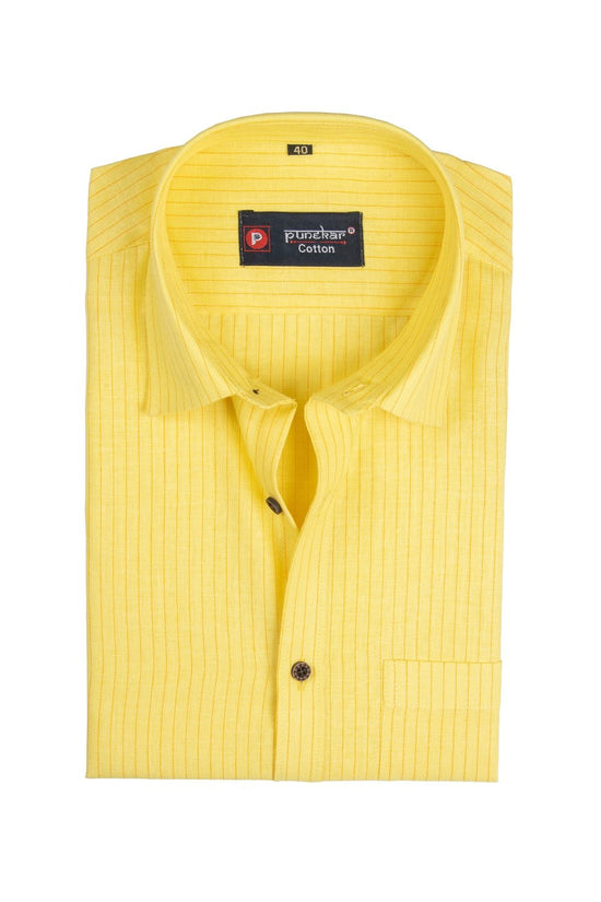 Punekar Cotton Dark Yellow Color Linning Criss Cross Woven Cotton Shirt for Men's. - Punekar Cotton