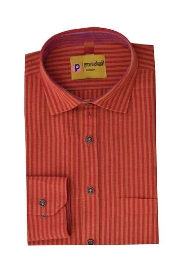 Punekar Cotton Handmade Red Color Full Sleeves Lining Formal Shirt for Men's. - Punekar Cotton