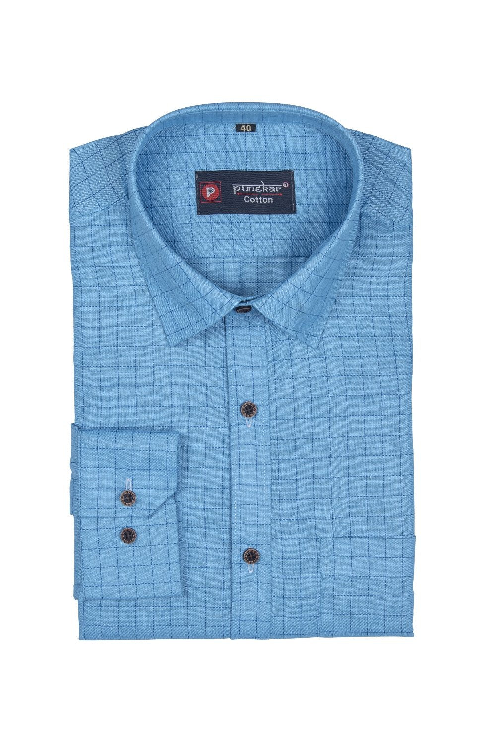 Punekar Cotton Light Blue Color Check Criss Cross Woven Cotton Shirt for Men&